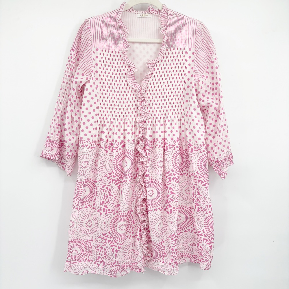 Lola Australia Womens Pink White Mixed Print Boho Coastal Ruffle Tunic Dress M